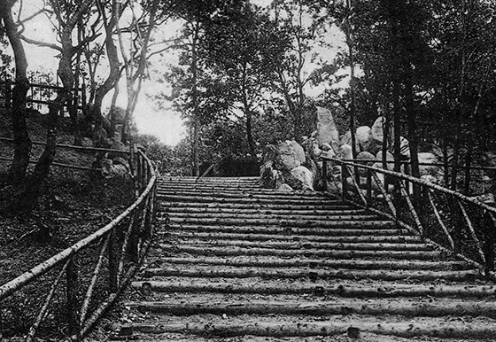 Sønderjyder, der skulle til Grundlovsmøde i Skibelund Krat gik over Kongeåen ved Frihedsbroen og brugte den sønderjyske indgang gennem scenen. Trappen op til den sønderjyske indgang, 1913.
